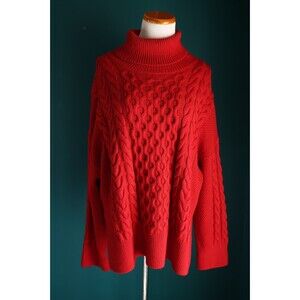 Banana Republic Sweater Oversize Red 100% Merino Wool Cable Turtleneck Oversize